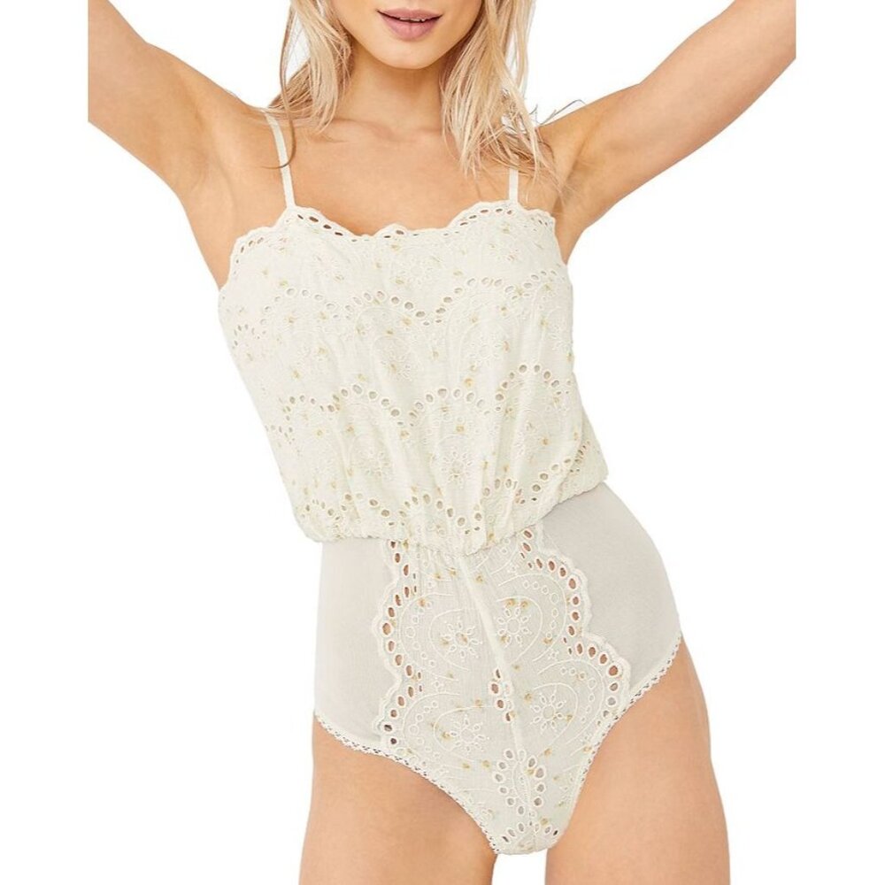 Free People Jillian Bodysuit Womens S Cream Girlhood Grannycore Cottagecore Boho